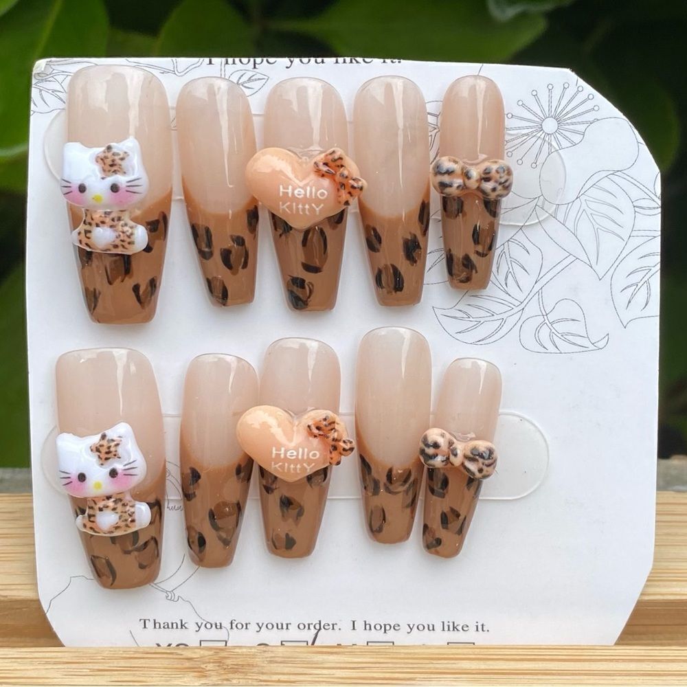 New Handmade Hello Kitty 3D Nail Art Set w/Brown & White Accents Small